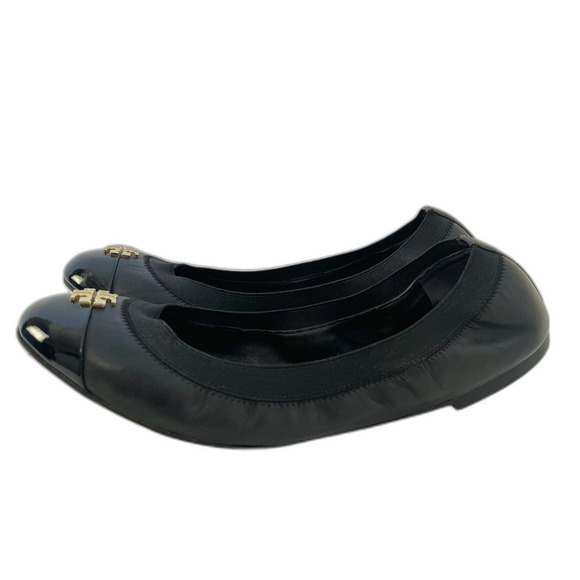 Like New Tory Burch Jolie Cap Toe Ballet Flat Black Leather Gold Emblem Size 10 - Picture 6 of 7